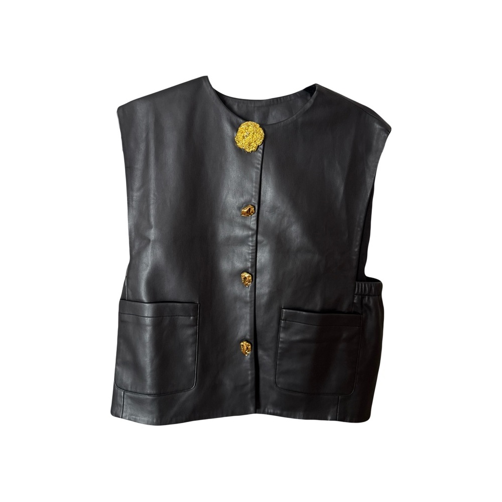 Black Leather Vest with Gold Buttons